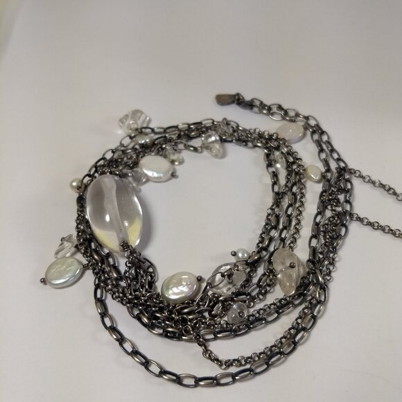 Clear Bead Coin Pearl Long Line Statement Necklace Marked 925 Art Teacher Boho - Picture 7 of 7